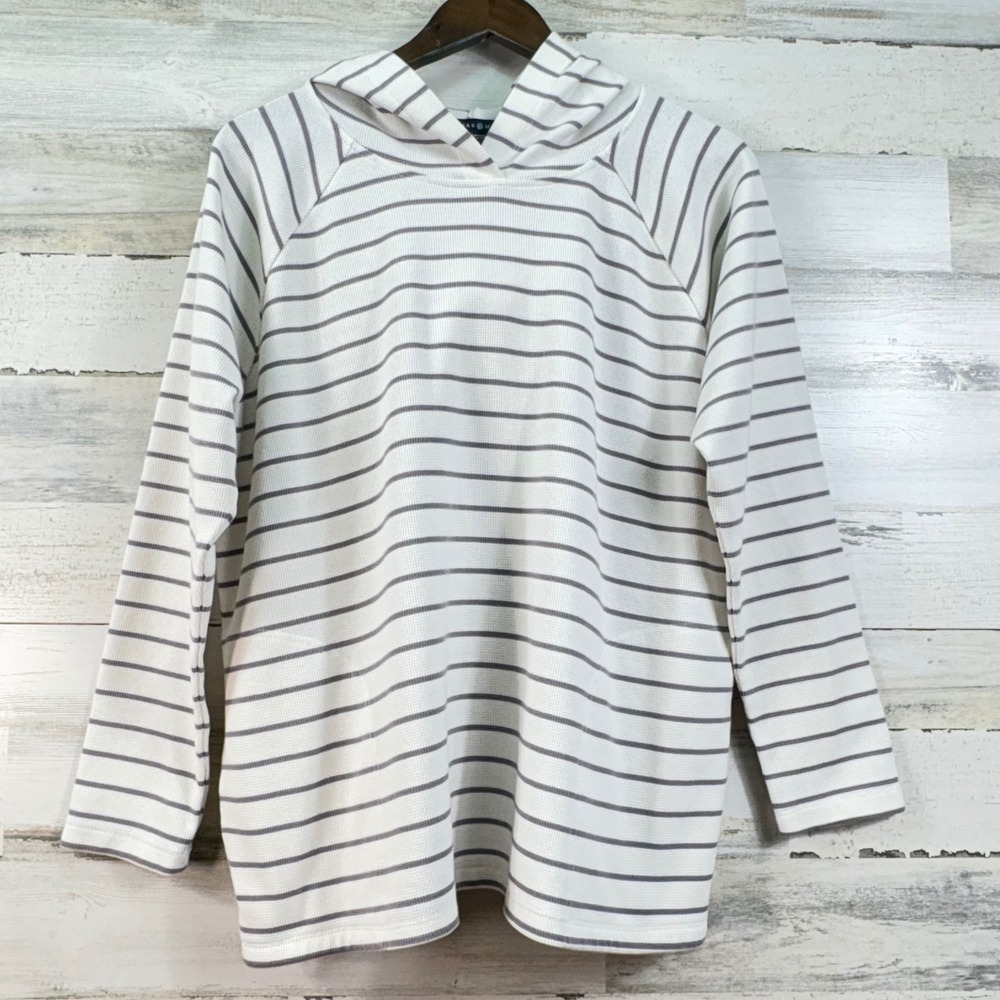 Max & Mia‎ Womens XXL Striped Waffle Knit Thermal Pullover Hoodie White Gray
